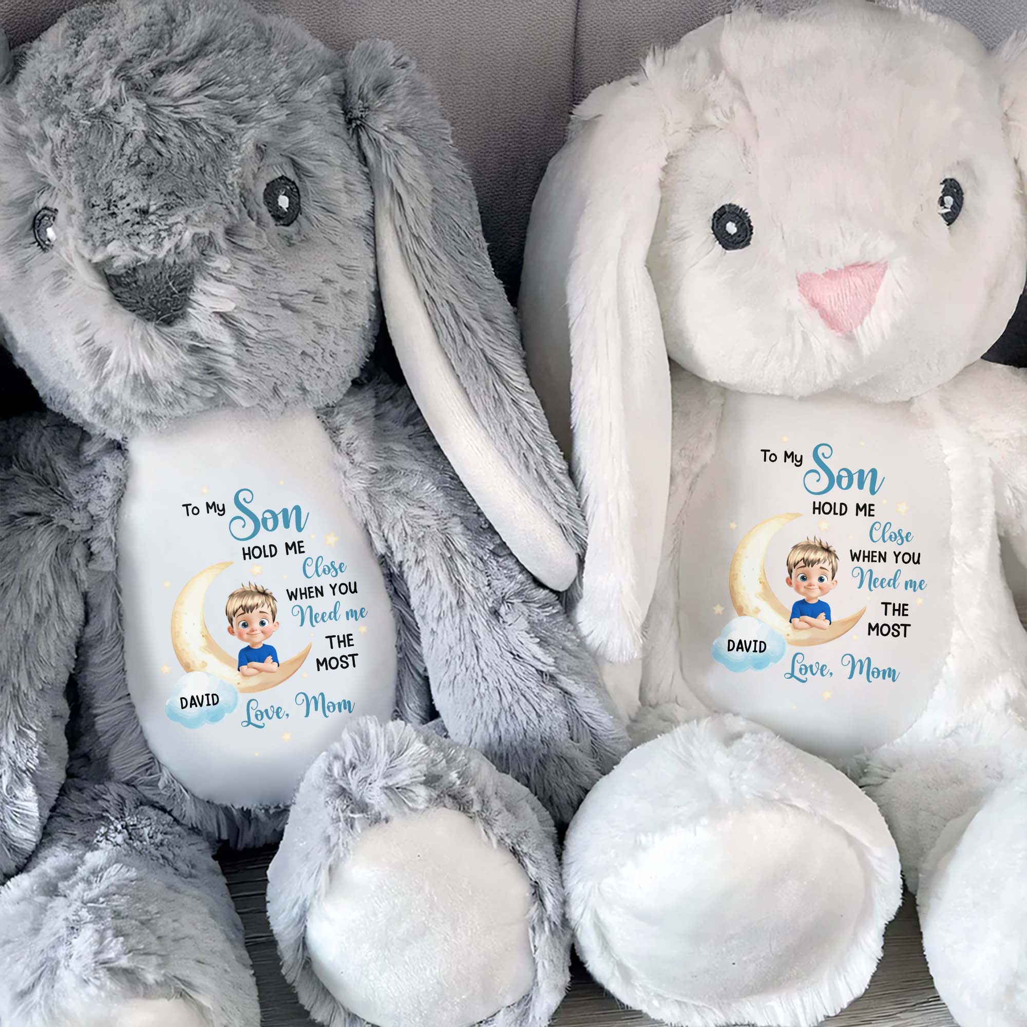 To My Son, Hold Me Close When You Need Me The Most, Embracing Arms - Personalized Stuffed Bunny - KID043_BUN