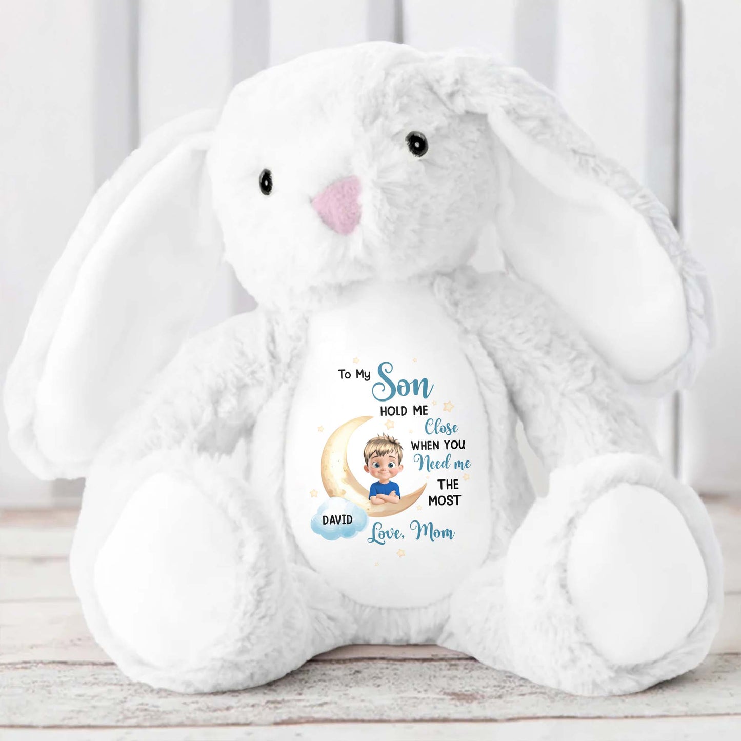 To My Son, Hold Me Close When You Need Me The Most, Embracing Arms - Personalized Stuffed Bunny - KID043_BUN