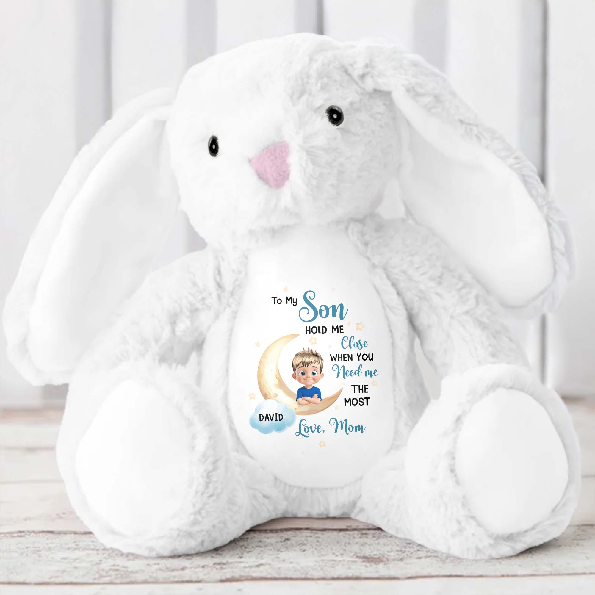To My Son, Hold Me Close When You Need Me The Most, Embracing Arms - Personalized Stuffed Bunny - KID043_BUN