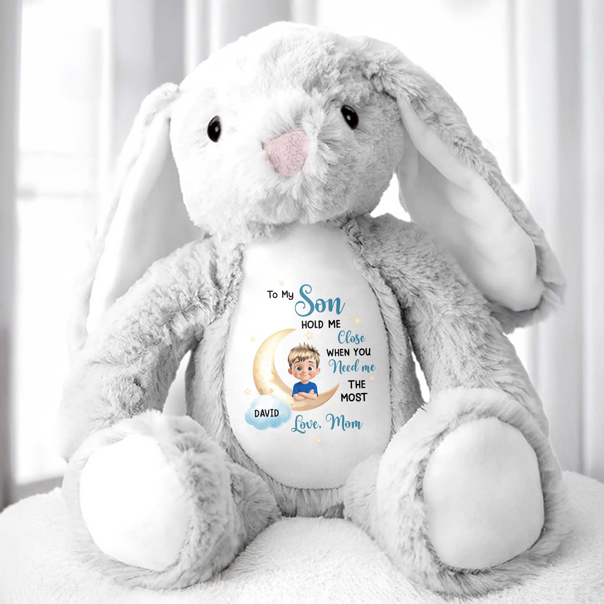 To My Son, Hold Me Close When You Need Me The Most, Embracing Arms - Personalized Stuffed Bunny - KID043_BUN