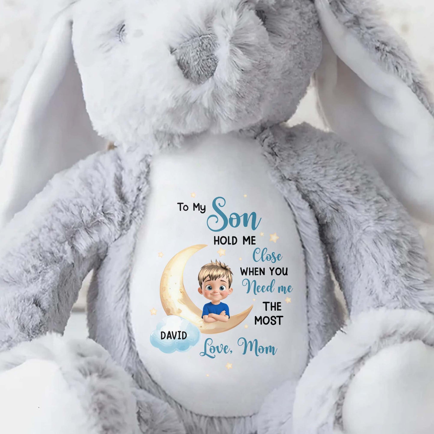 To My Son, Hold Me Close When You Need Me The Most, Embracing Arms - Personalized Stuffed Bunny - KID043_BUN