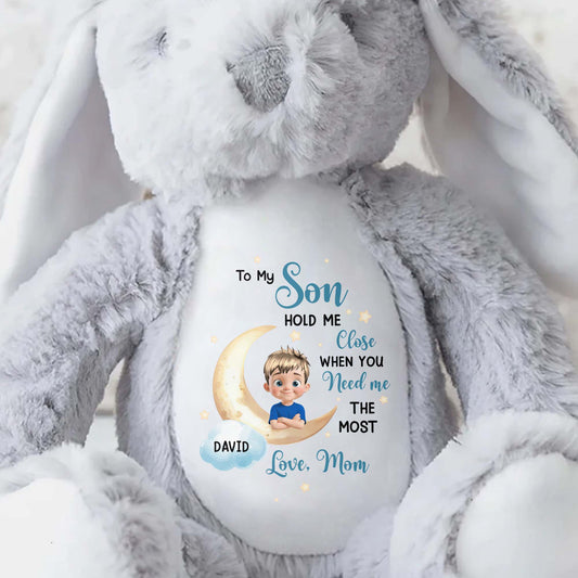 To My Son, Hold Me Close When You Need Me The Most, Embracing Arms - Personalized Stuffed Bunny - KID043_BUN