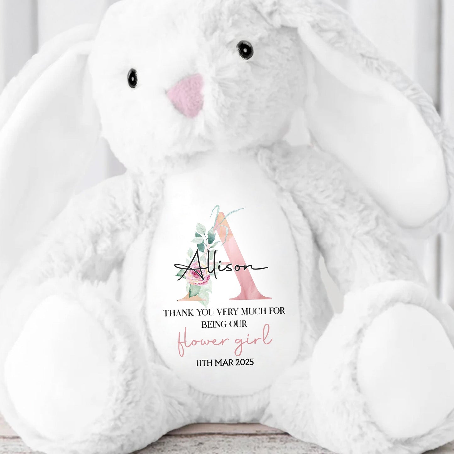 Thank You Very Much For Being Our Flower Girl, Stuffed Bunny With Floral Design - Personalized Stuffed Bunny - KID049_BUN