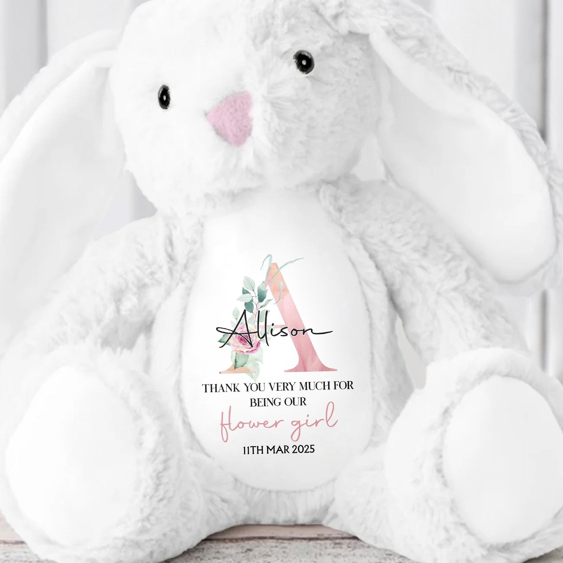 Thank You Very Much For Being Our Flower Girl, Stuffed Bunny With Floral Design - Personalized Stuffed Bunny - KID049_BUN