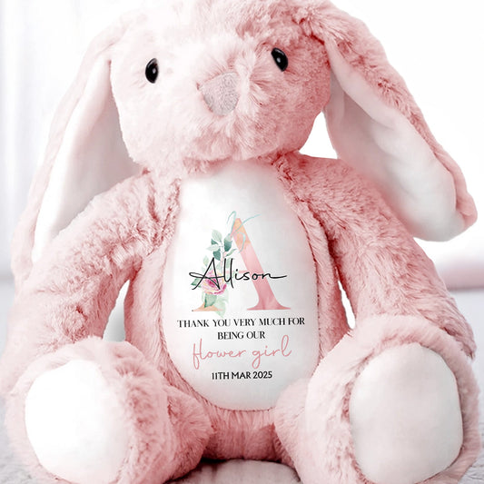 Thank You Very Much For Being Our Flower Girl, Stuffed Bunny With Floral Design - Personalized Stuffed Bunny - KID049_BUN