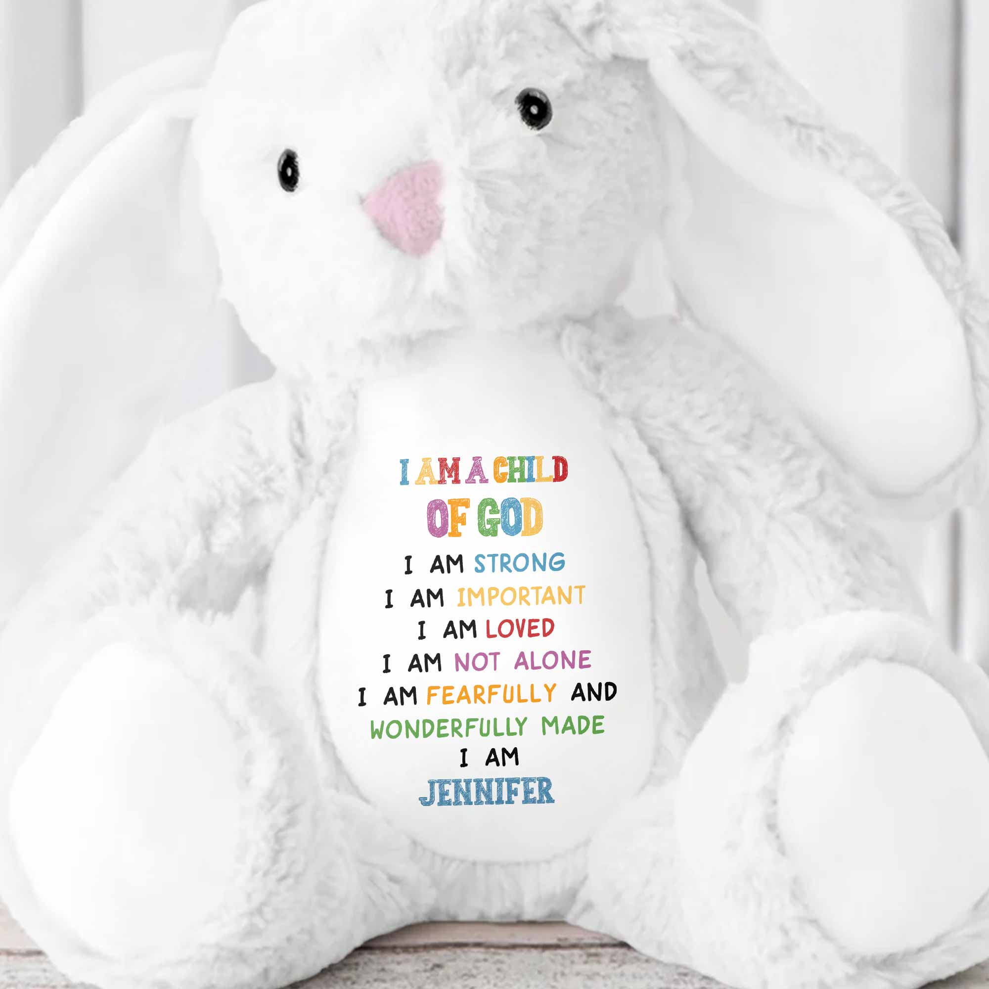 I Am A Child Of God Soft Plush Toy With Inspirational Message - Personalized Stuffed Bunny - KID086_BUN