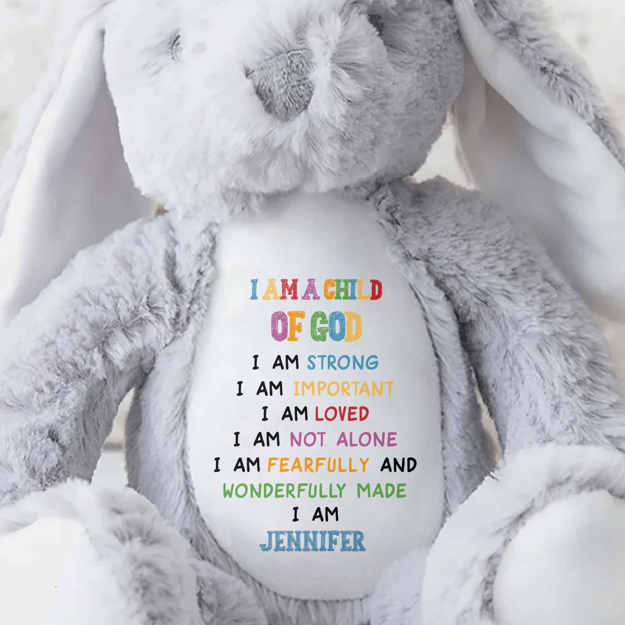 I Am A Child Of God Soft Plush Toy With Inspirational Message - Personalized Stuffed Bunny - KID086_BUN