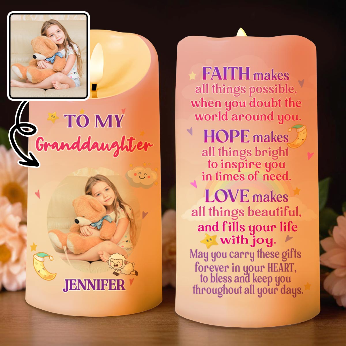 To My Granddaughter, Teddy Bear and Hearts LED Candle - Personalized Custom LED Candle - KID105_LECA