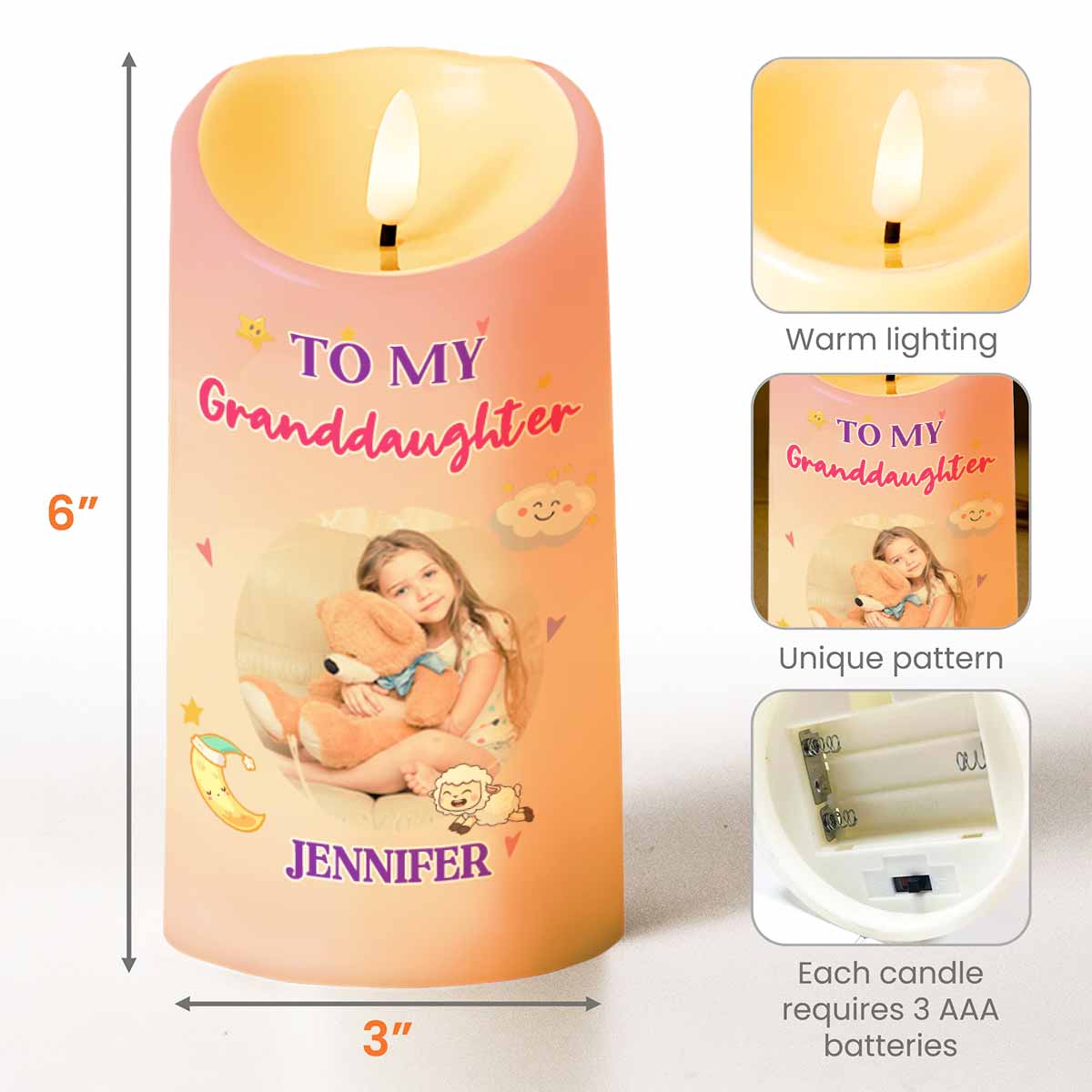 To My Granddaughter, Teddy Bear and Hearts LED Candle - Personalized Custom LED Candle - KID105_LECA