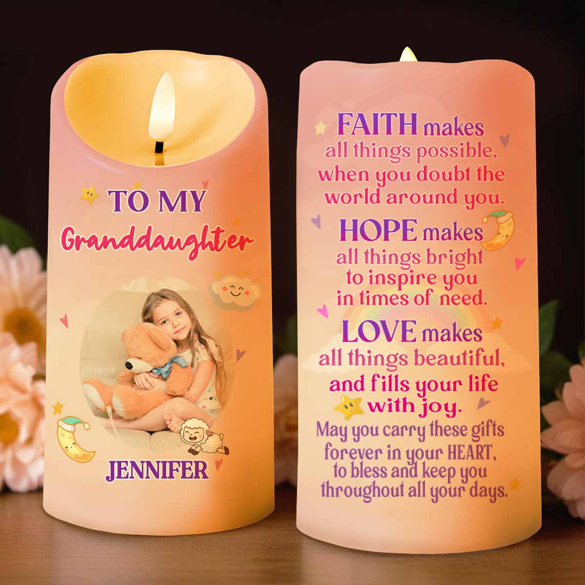 To My Granddaughter, Teddy Bear and Hearts LED Candle - Personalized Custom LED Candle - KID105_LECA