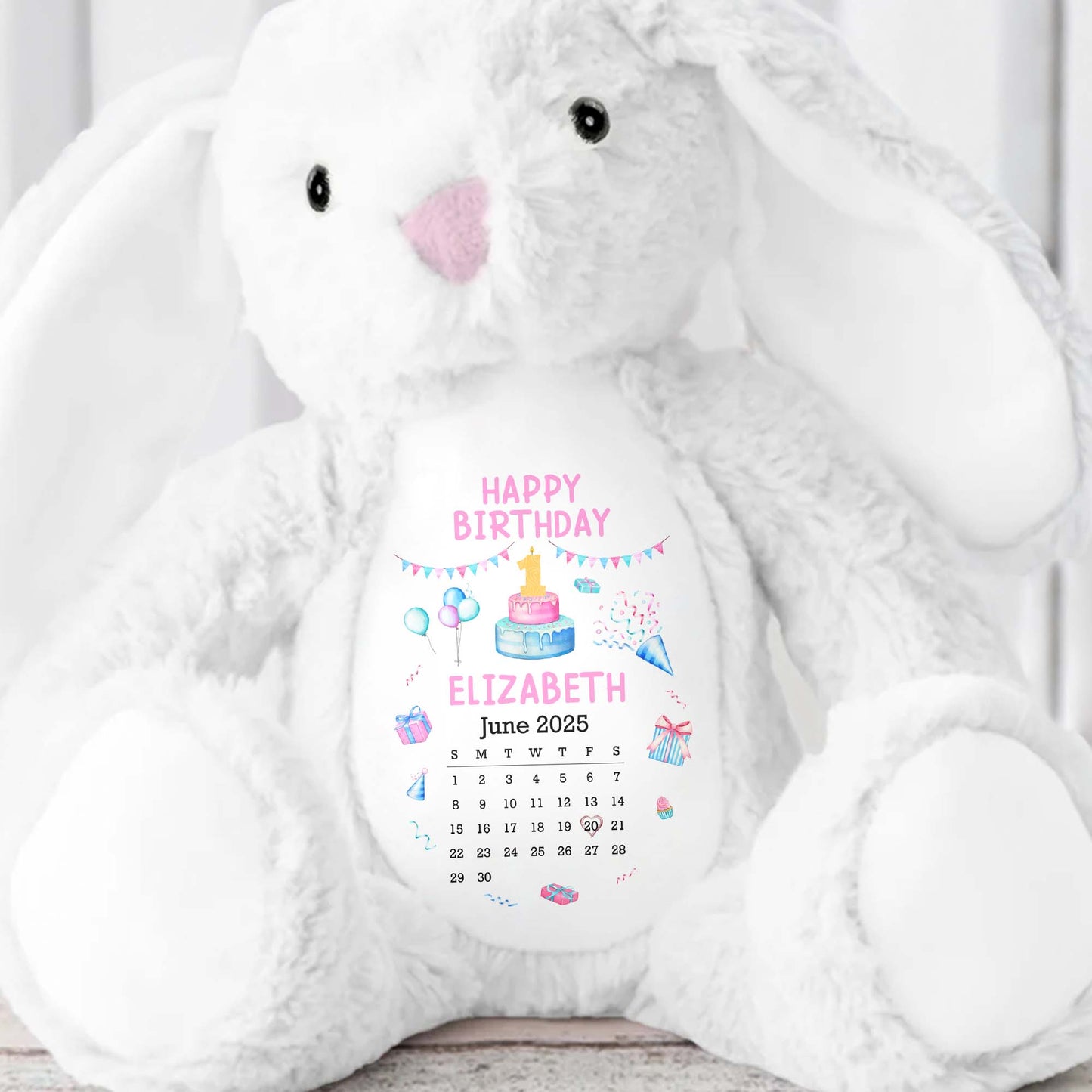 Happy Birthday With Cake, Balloons, and Party Hats - Personalized Stuffed Bunny - KID122_BUN