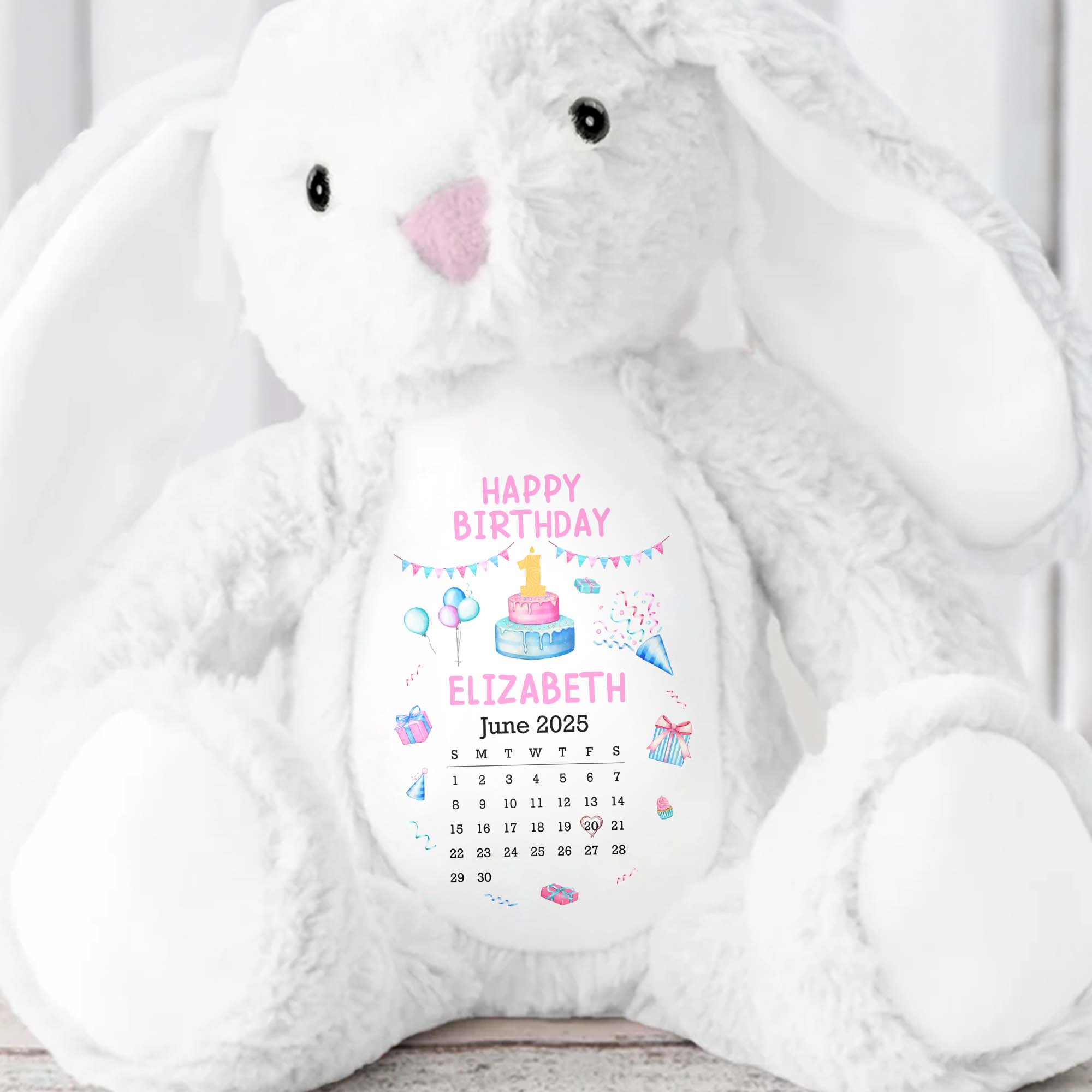 Happy Birthday With Cake, Balloons, and Party Hats - Personalized Stuffed Bunny - KID122_BUN