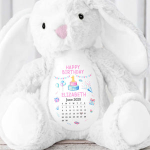 Happy Birthday With Cake, Balloons, and Party Hats - Personalized Stuffed Bunny - KID122_BUN