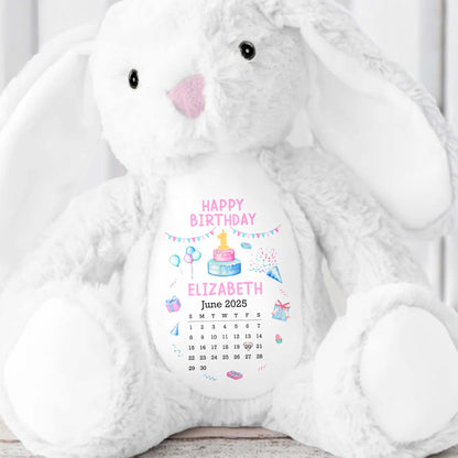 Happy Birthday With Cake, Balloons, and Party Hats - Personalized Stuffed Bunny - KID122_BUN