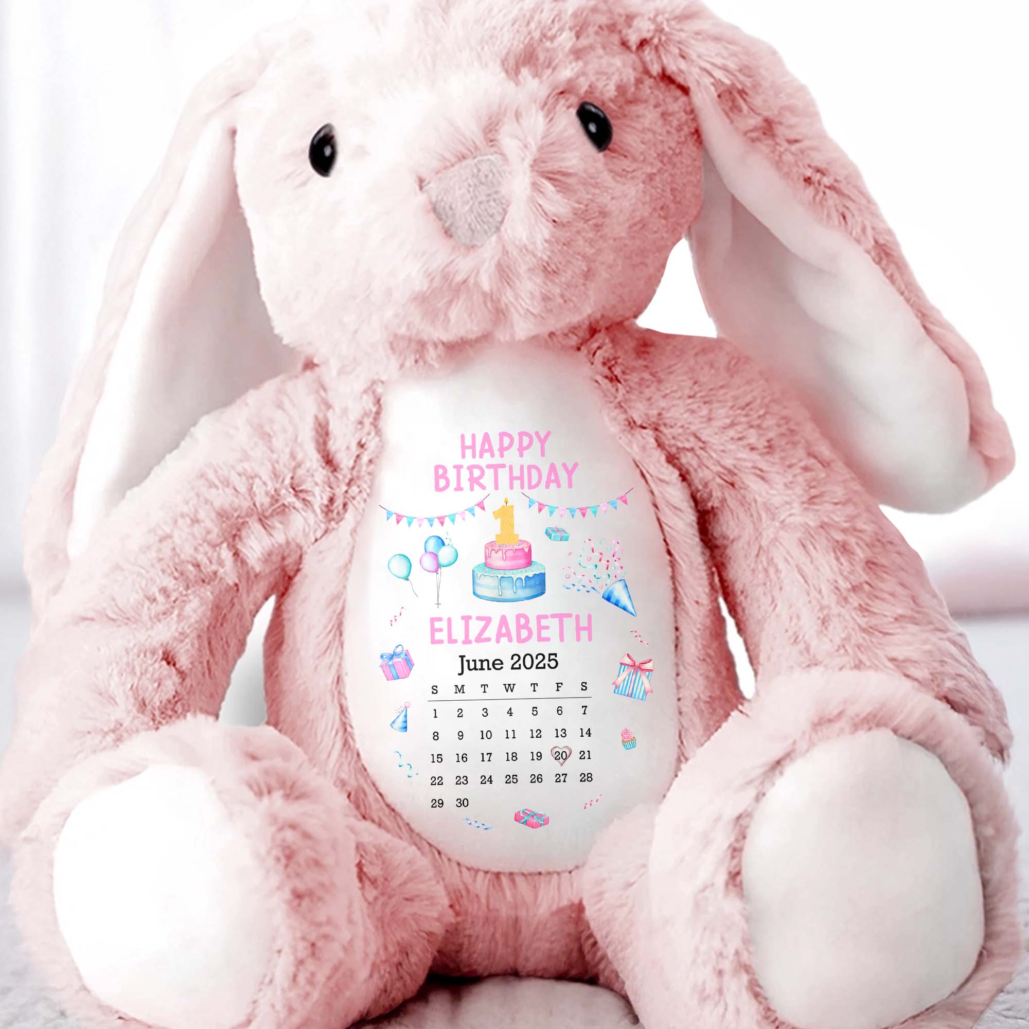 Happy Birthday With Cake, Balloons, and Party Hats - Personalized Stuffed Bunny - KID122_BUN