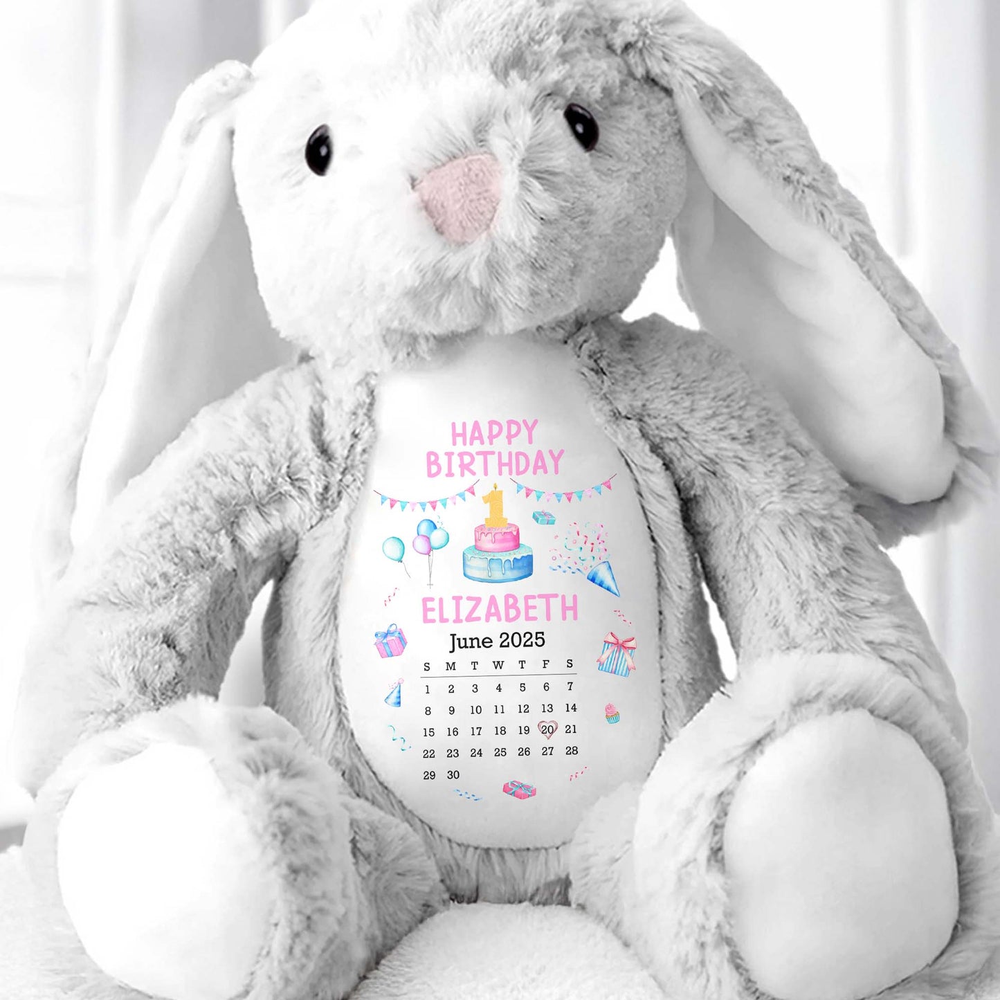 Happy Birthday With Cake, Balloons, and Party Hats - Personalized Stuffed Bunny - KID122_BUN