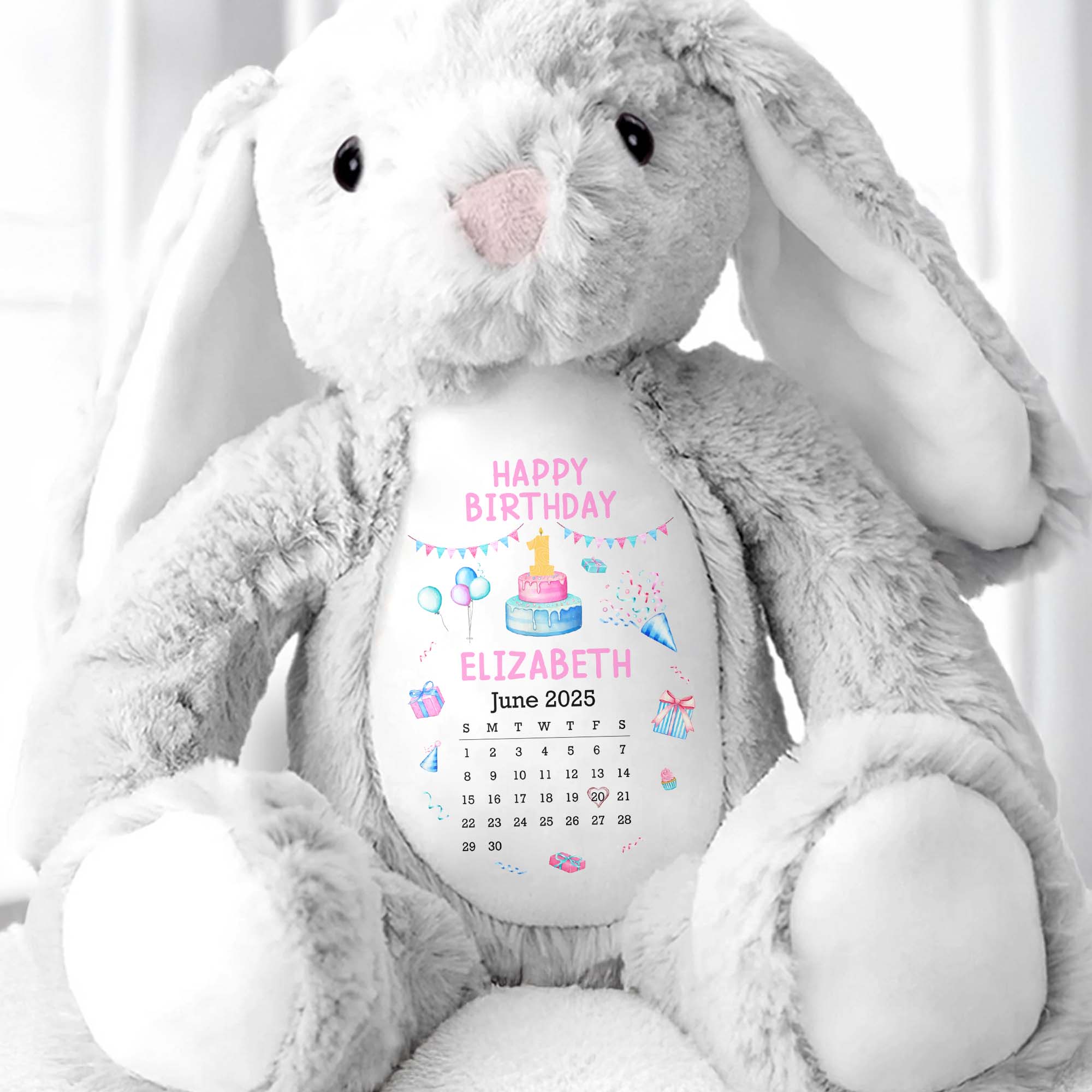 Happy Birthday With Cake, Balloons, and Party Hats - Personalized Stuffed Bunny - KID122_BUN