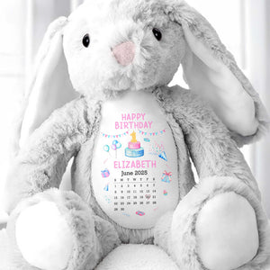 Happy Birthday With Cake, Balloons, and Party Hats - Personalized Stuffed Bunny - KID122_BUN