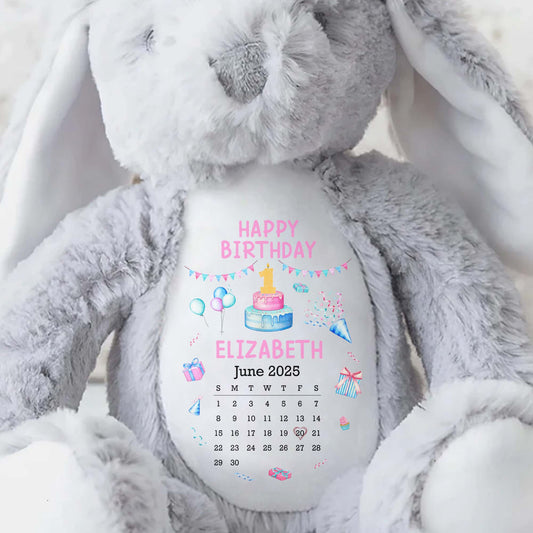 Happy Birthday With Cake, Balloons, and Party Hats - Personalized Stuffed Bunny - KID122_BUN