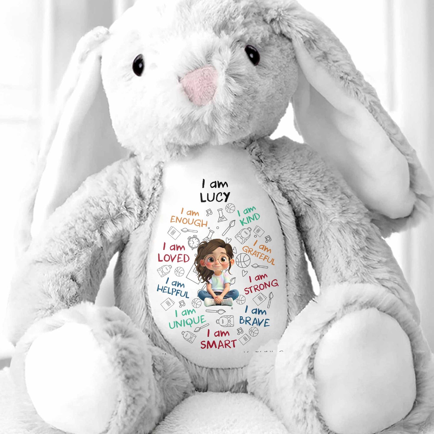 I Am Enough, I Am Kind, Cartoon Girl - Personalized Stuffed Bunny - KID243_BUN