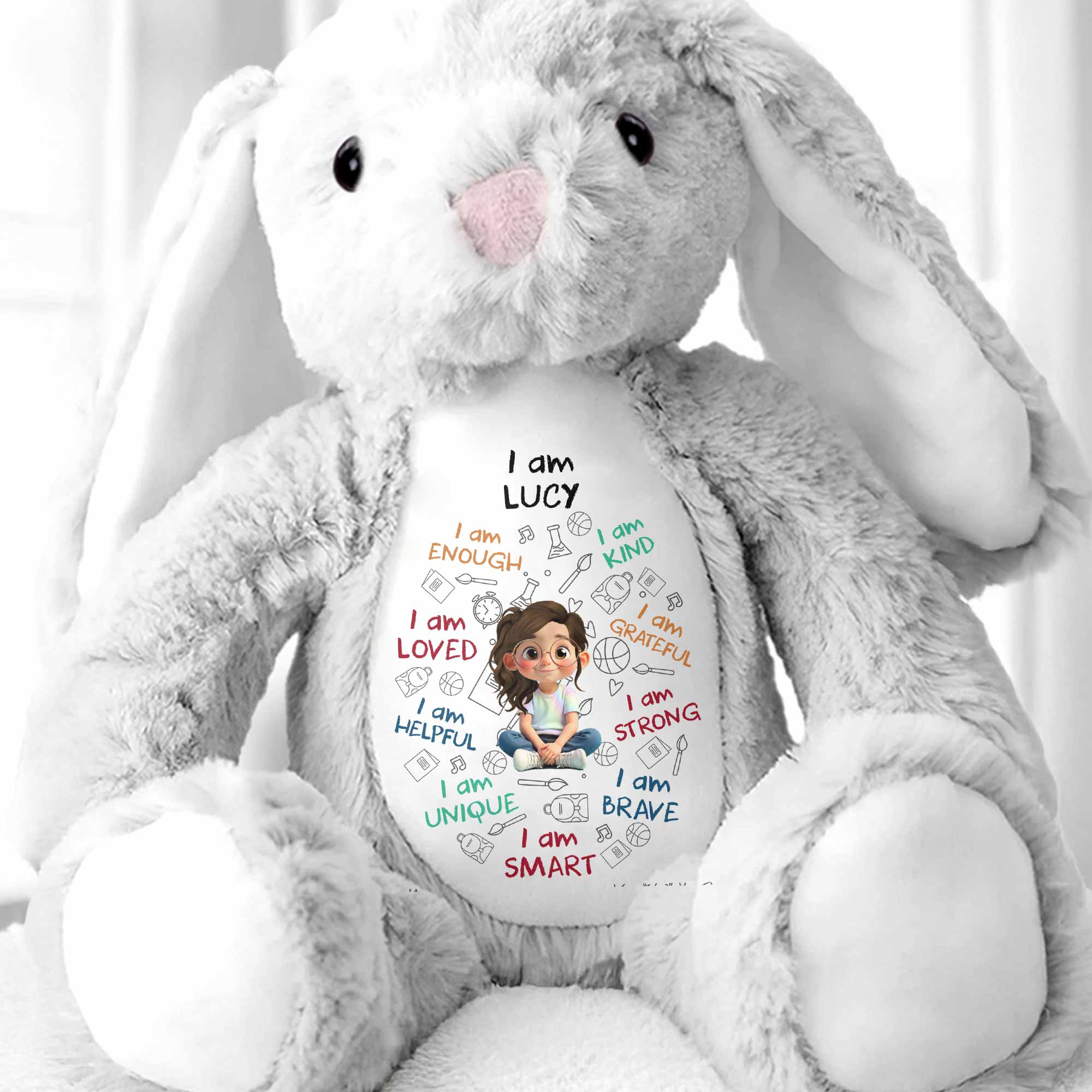 I Am Enough, I Am Kind, Cartoon Girl - Personalized Stuffed Bunny - KID243_BUN