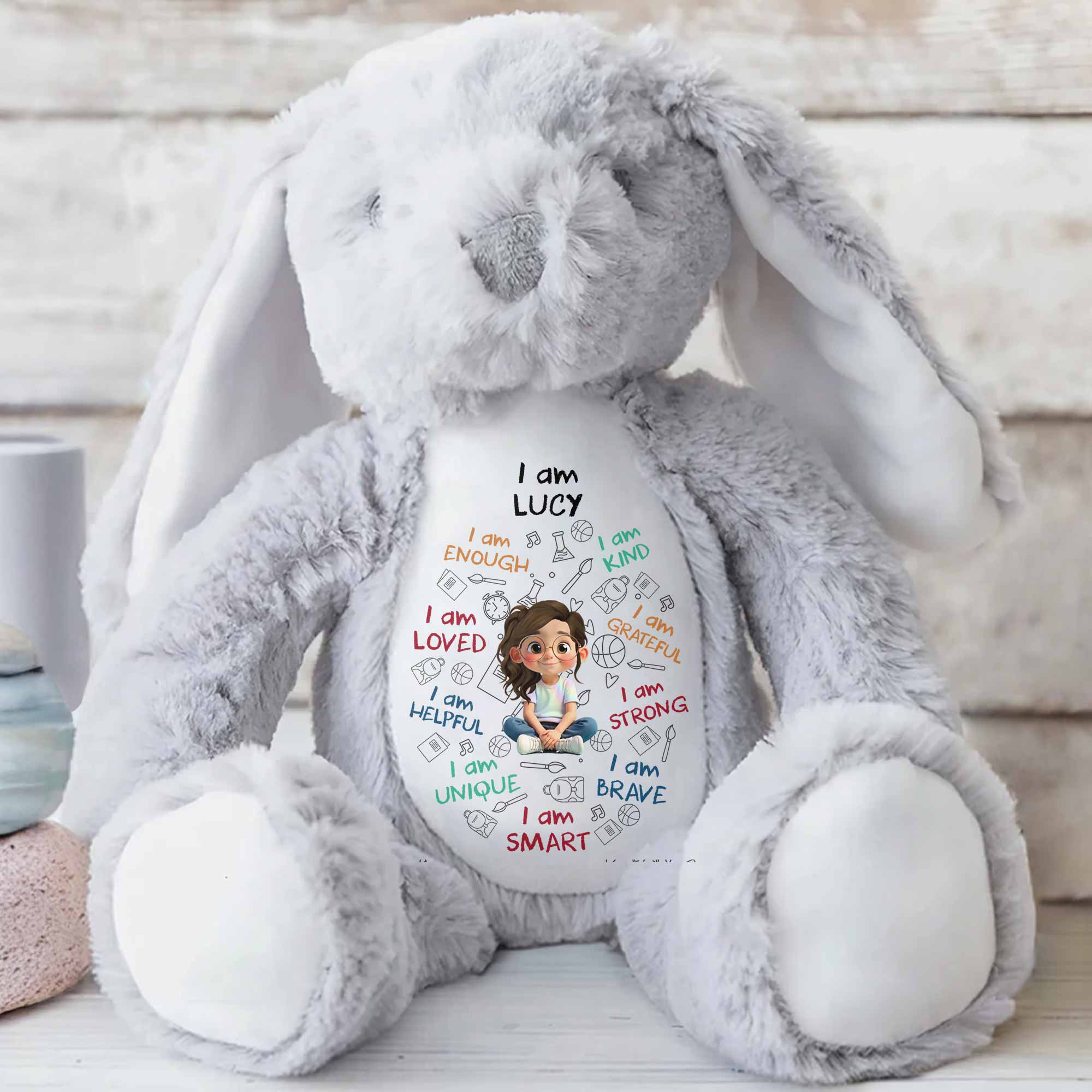 I Am Enough, I Am Kind, Cartoon Girl - Personalized Stuffed Bunny - KID243_BUN