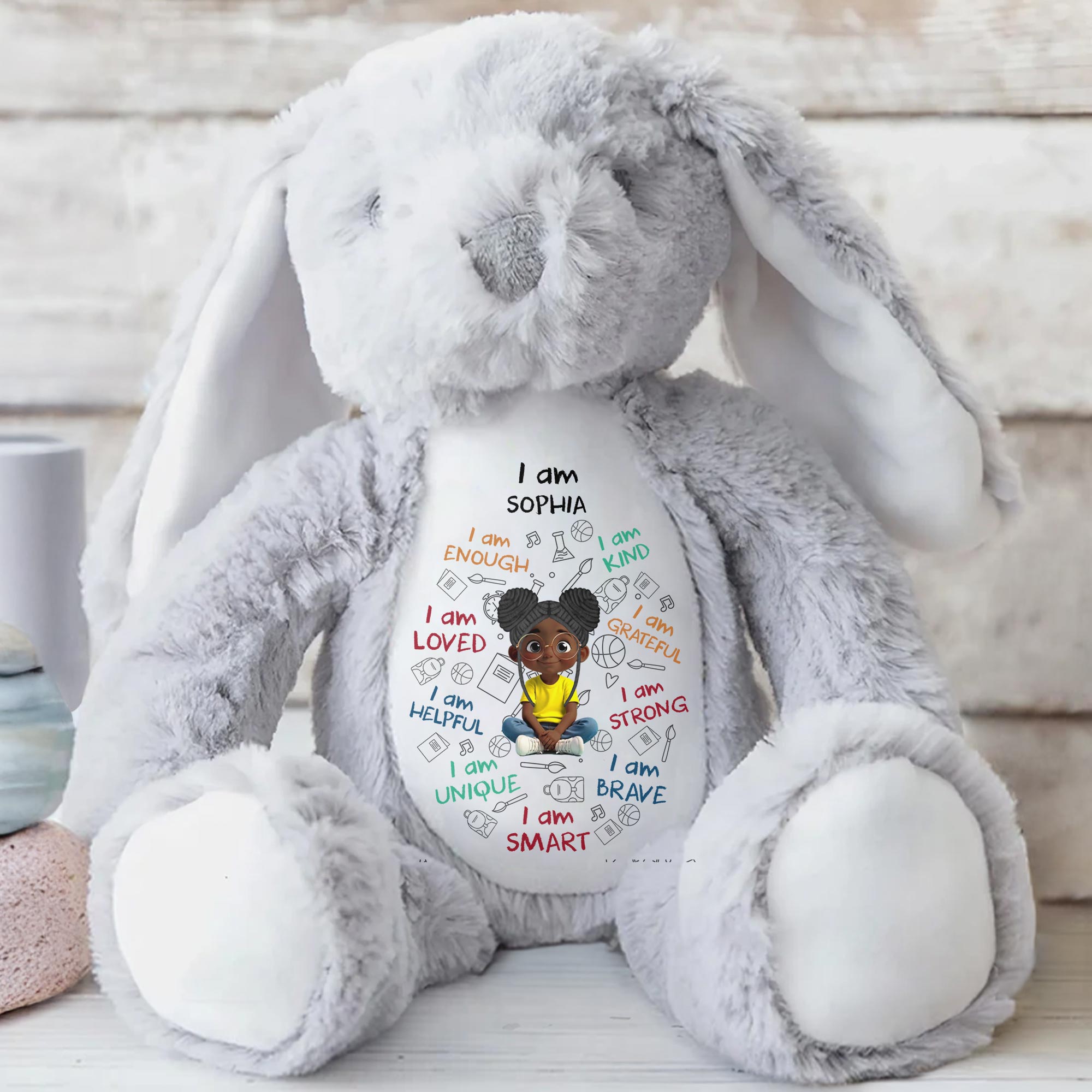 I Am Enough, I Am Kind, Cartoon Girl - Personalized Stuffed Bunny - KID243_BUN