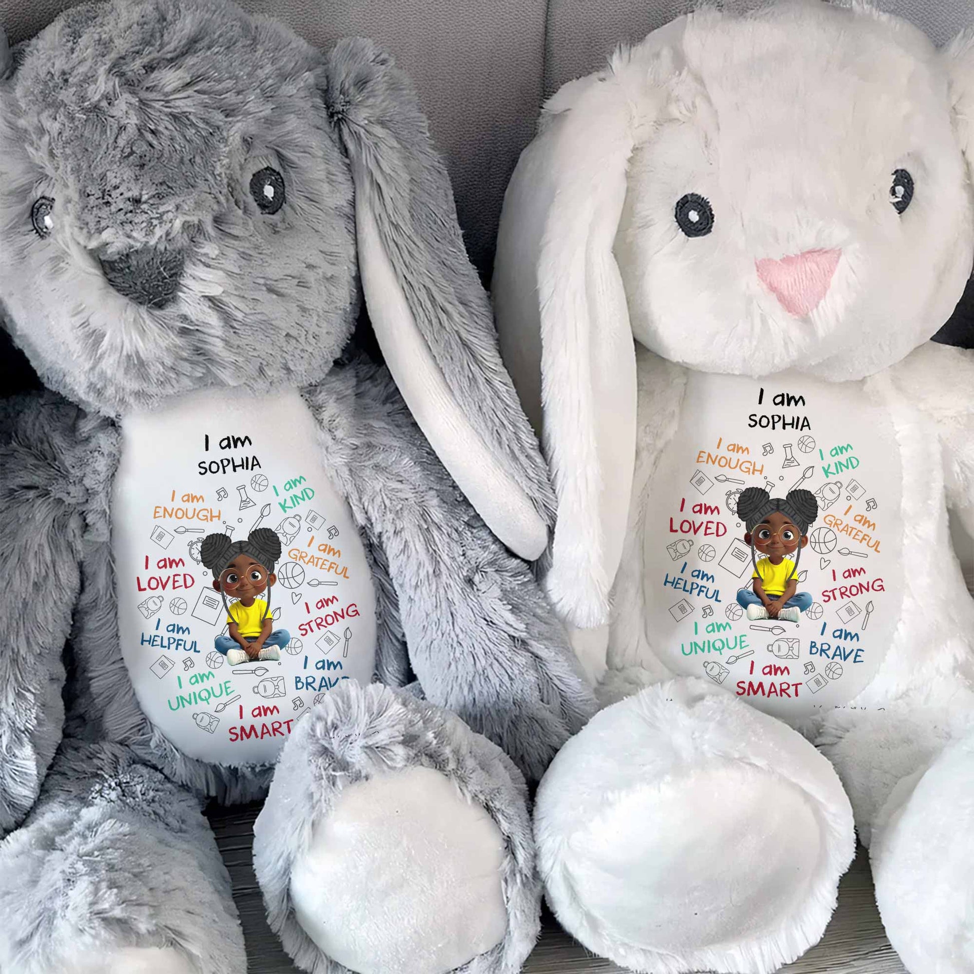 I Am Enough, I Am Kind, Cartoon Girl - Personalized Stuffed Bunny - KID243_BUN