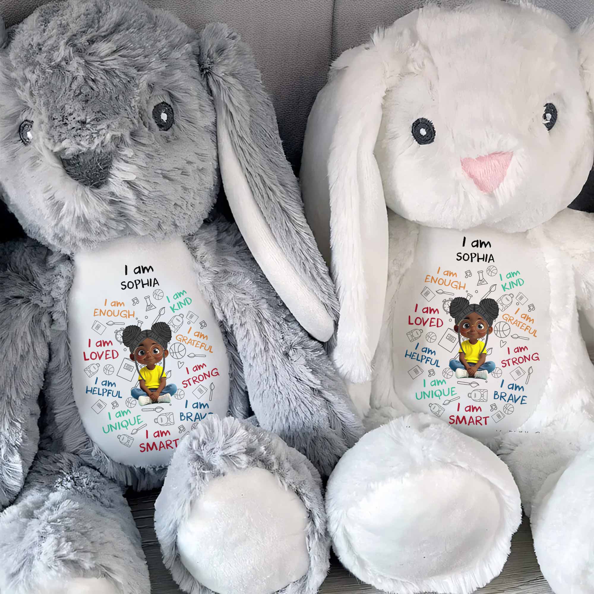 I Am Enough, I Am Kind, Cartoon Girl - Personalized Stuffed Bunny - KID243_BUN