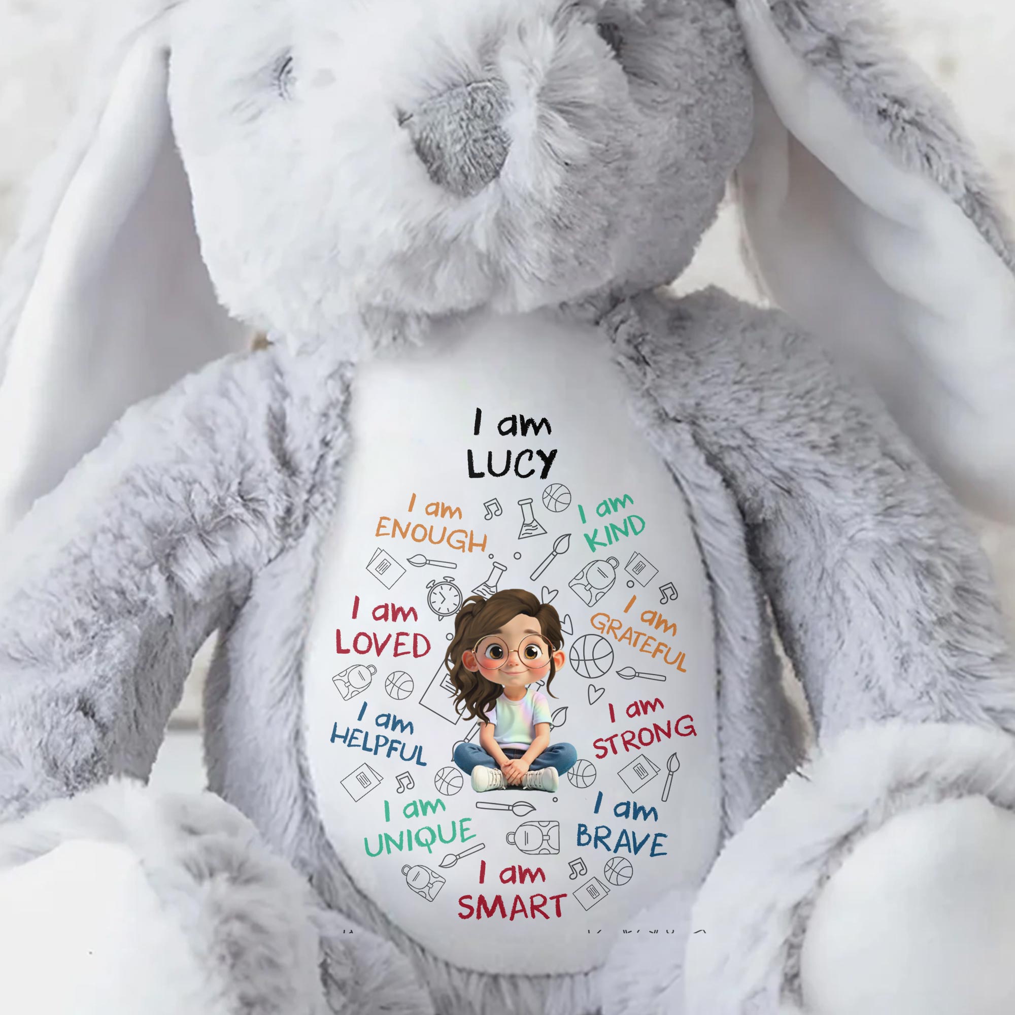 I Am Enough, I Am Kind, Cartoon Girl - Personalized Stuffed Bunny - KID243_BUN