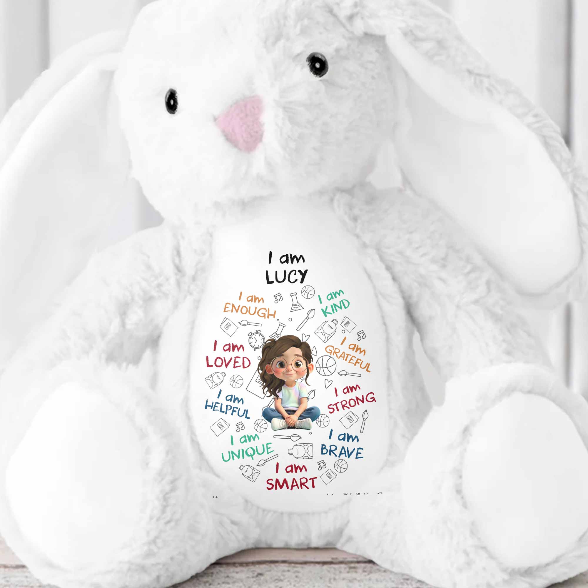 I Am Enough, I Am Kind, Cartoon Girl - Personalized Stuffed Bunny - KID243_BUN