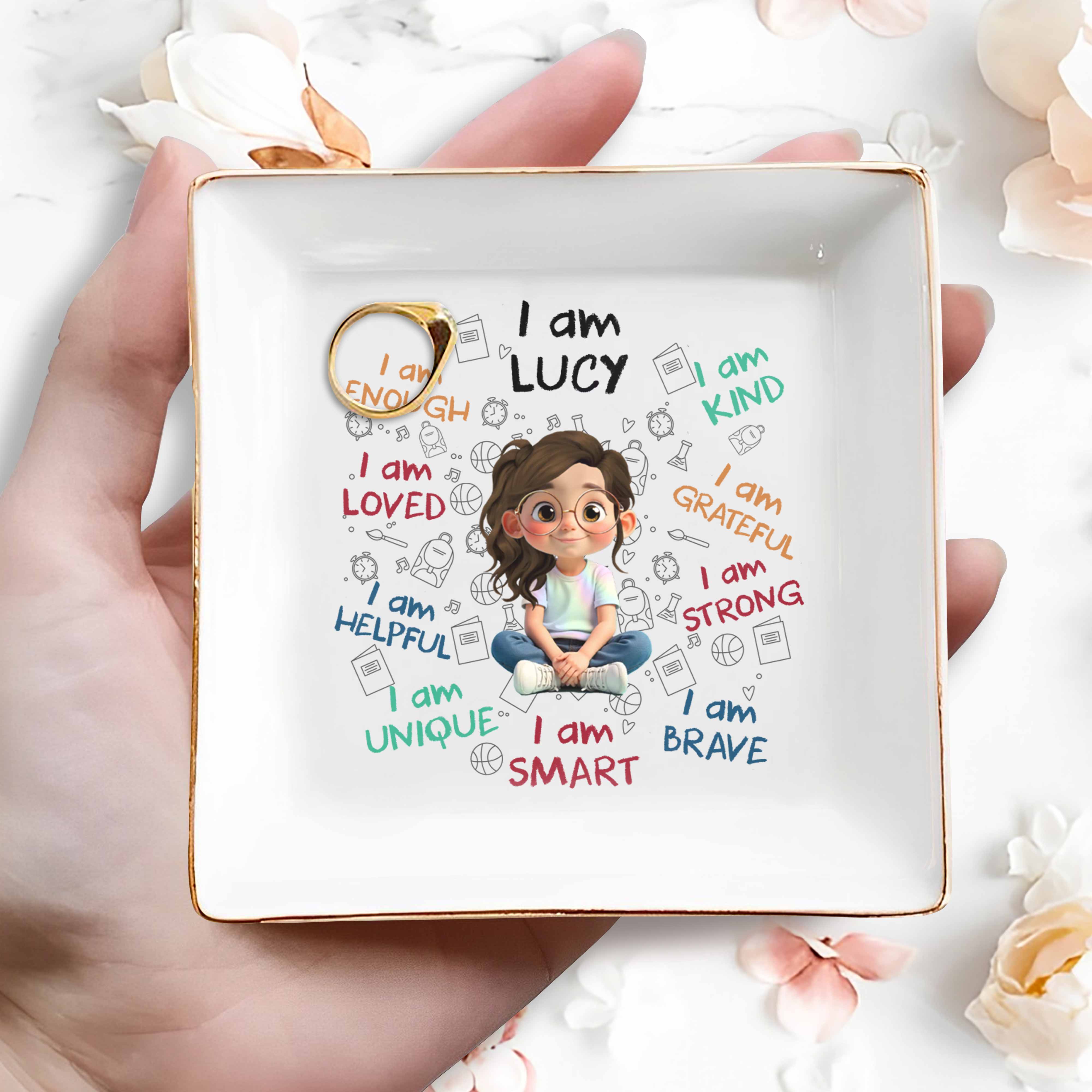 I Am Loved, I Am Strong Positive Affirmations Dish - Personalized Custom Jewelry Dish, Square Ceramic Dish - KID243_SCRD