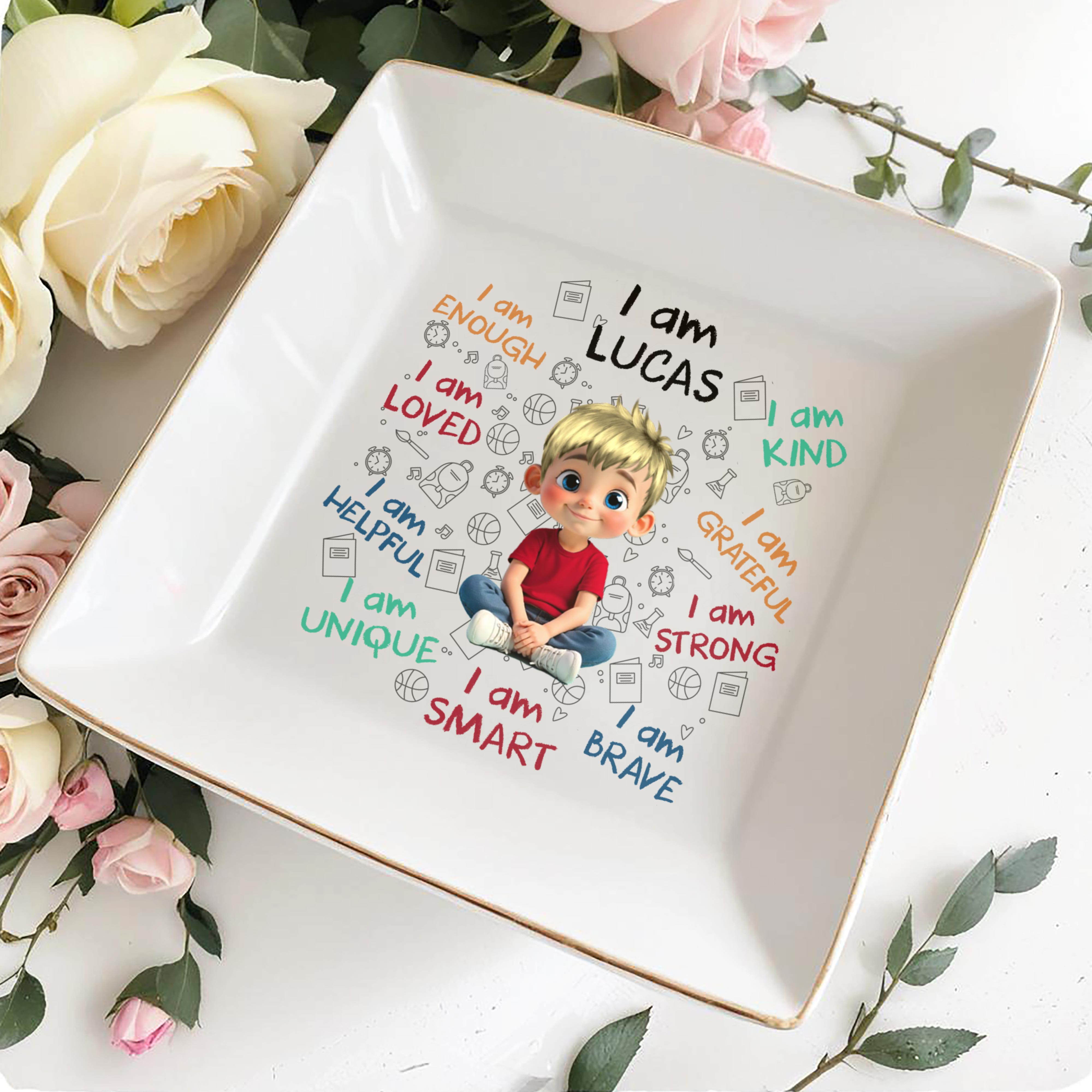 I Am Loved, I Am Strong Positive Affirmations Dish - Personalized Custom Jewelry Dish, Square Ceramic Dish - KID243_SCRD