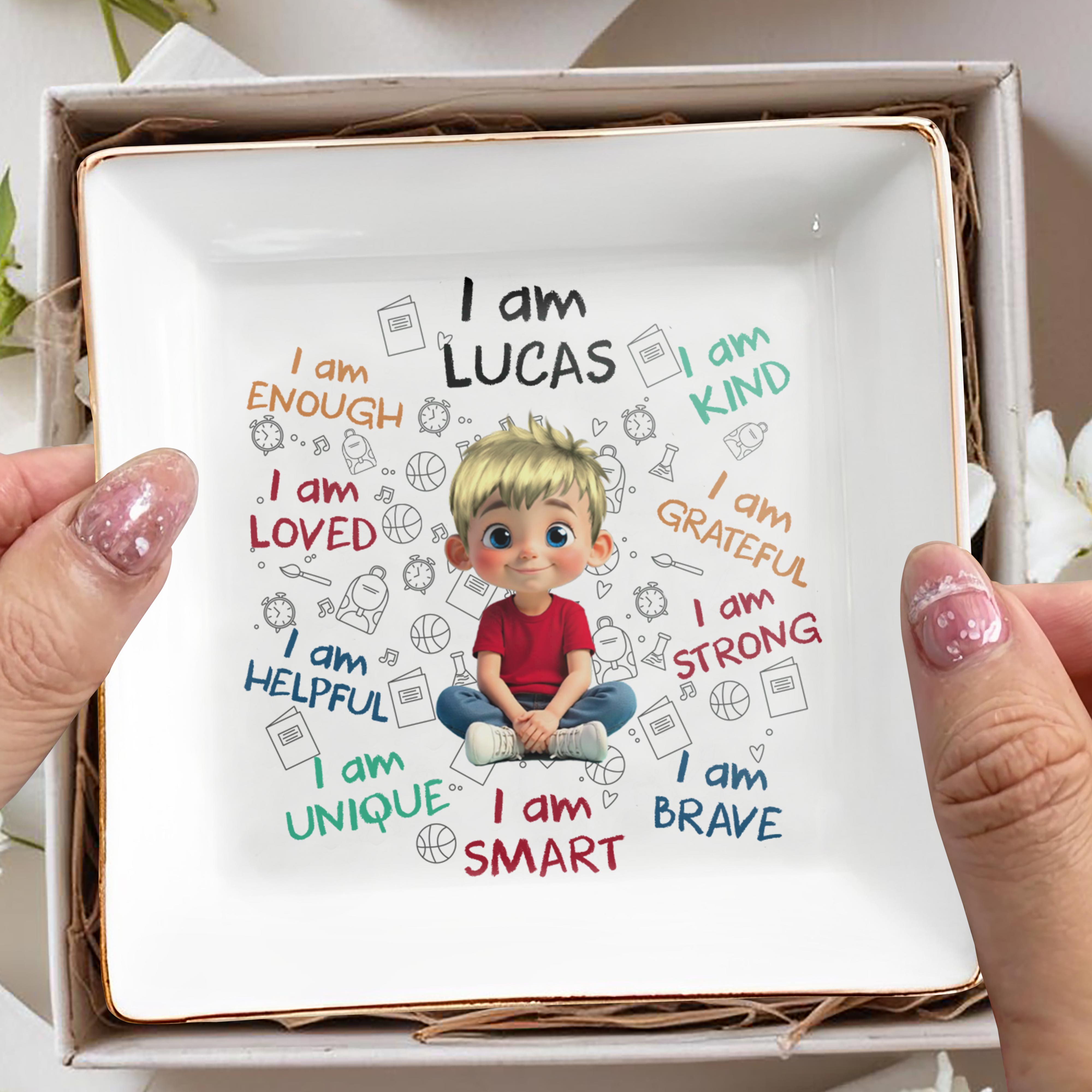 I Am Loved, I Am Strong Positive Affirmations Dish - Personalized Custom Jewelry Dish, Square Ceramic Dish - KID243_SCRD