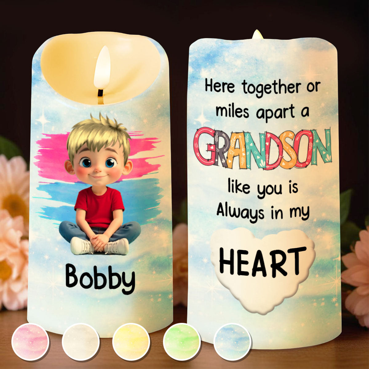 Here Together Or Miles Apart A Grandson Like You - Personalized Custom LED Candle - KID317_LECA