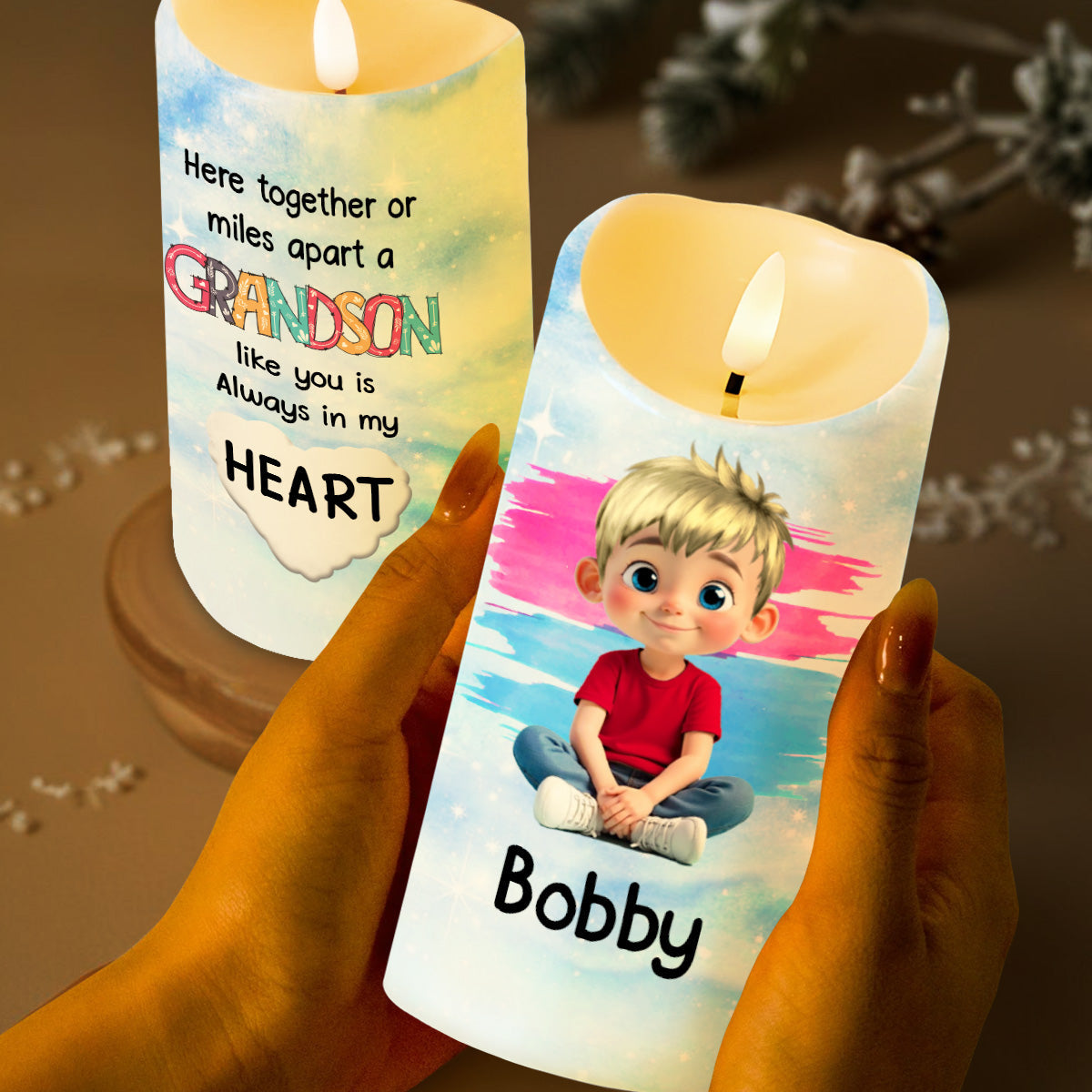 Here Together Or Miles Apart A Grandson Like You - Personalized Custom LED Candle - KID317_LECA