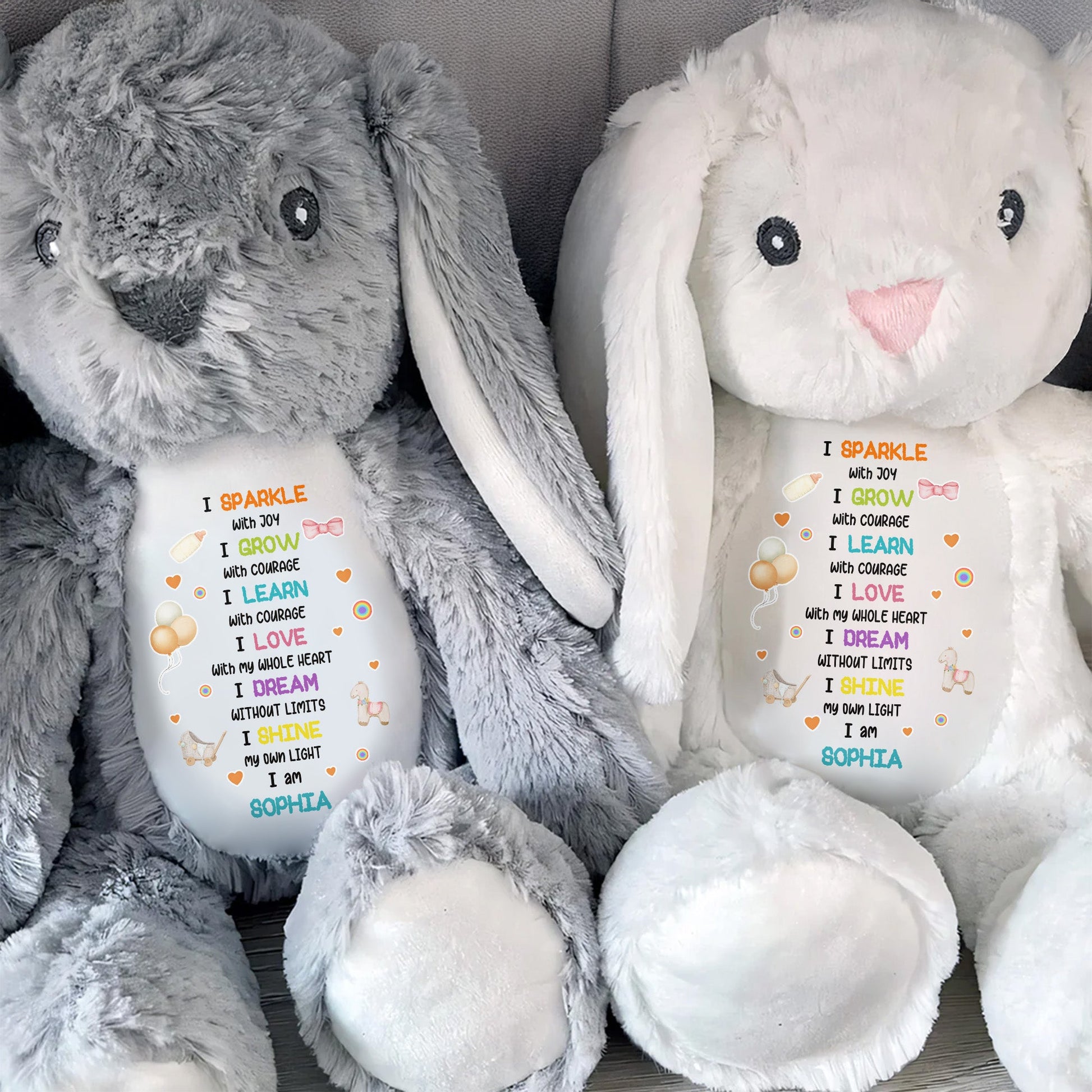 I Sparkle With Joy, Hearts And Balloons Stuffed Bunny - Personalized Stuffed Bunny - KID325_BUN