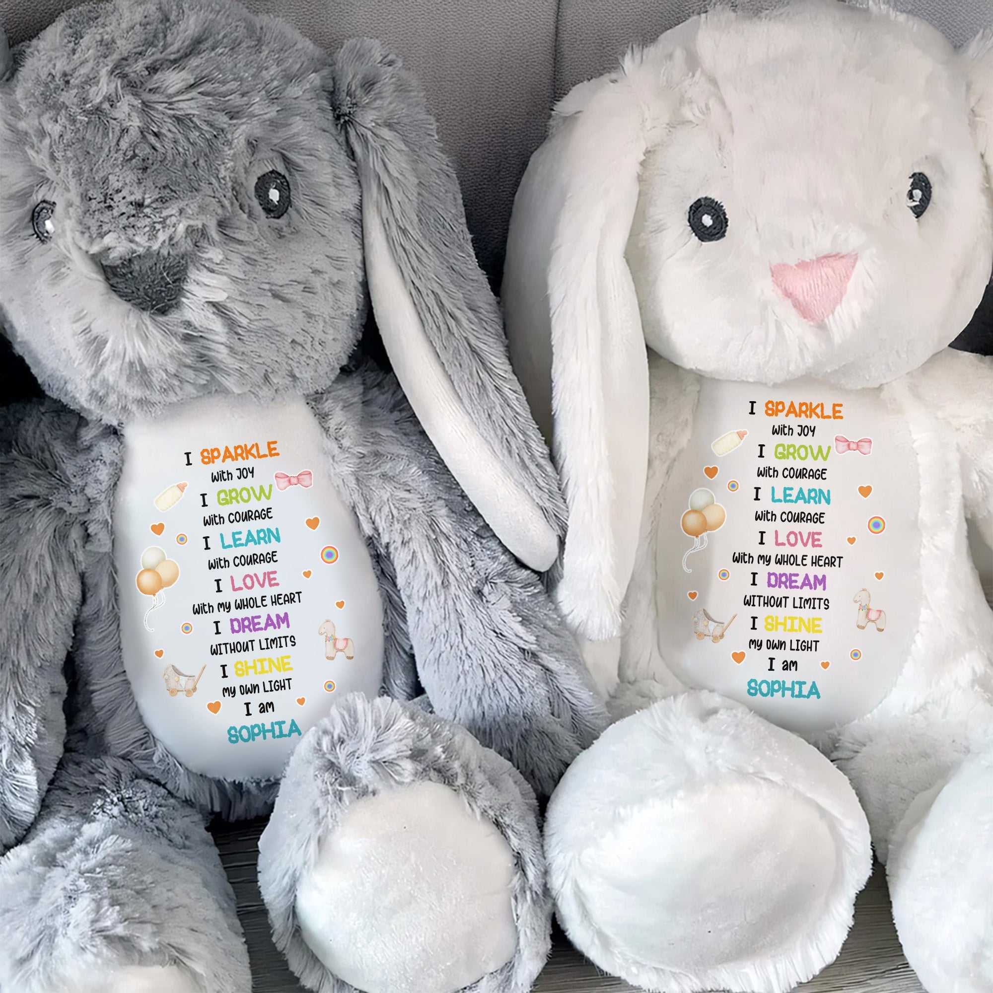 I Sparkle With Joy, Hearts And Balloons Stuffed Bunny - Personalized Stuffed Bunny - KID325_BUN