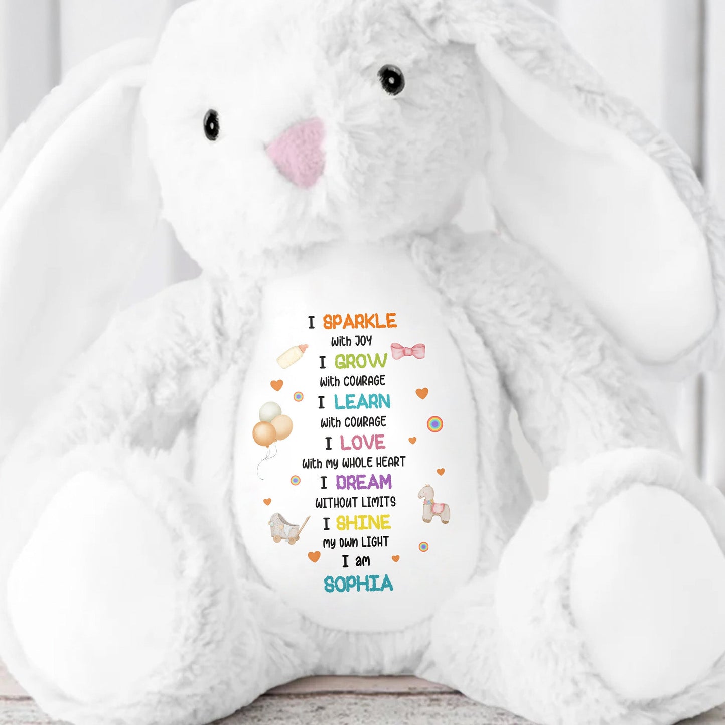 I Sparkle With Joy, Hearts And Balloons Stuffed Bunny - Personalized Stuffed Bunny - KID325_BUN