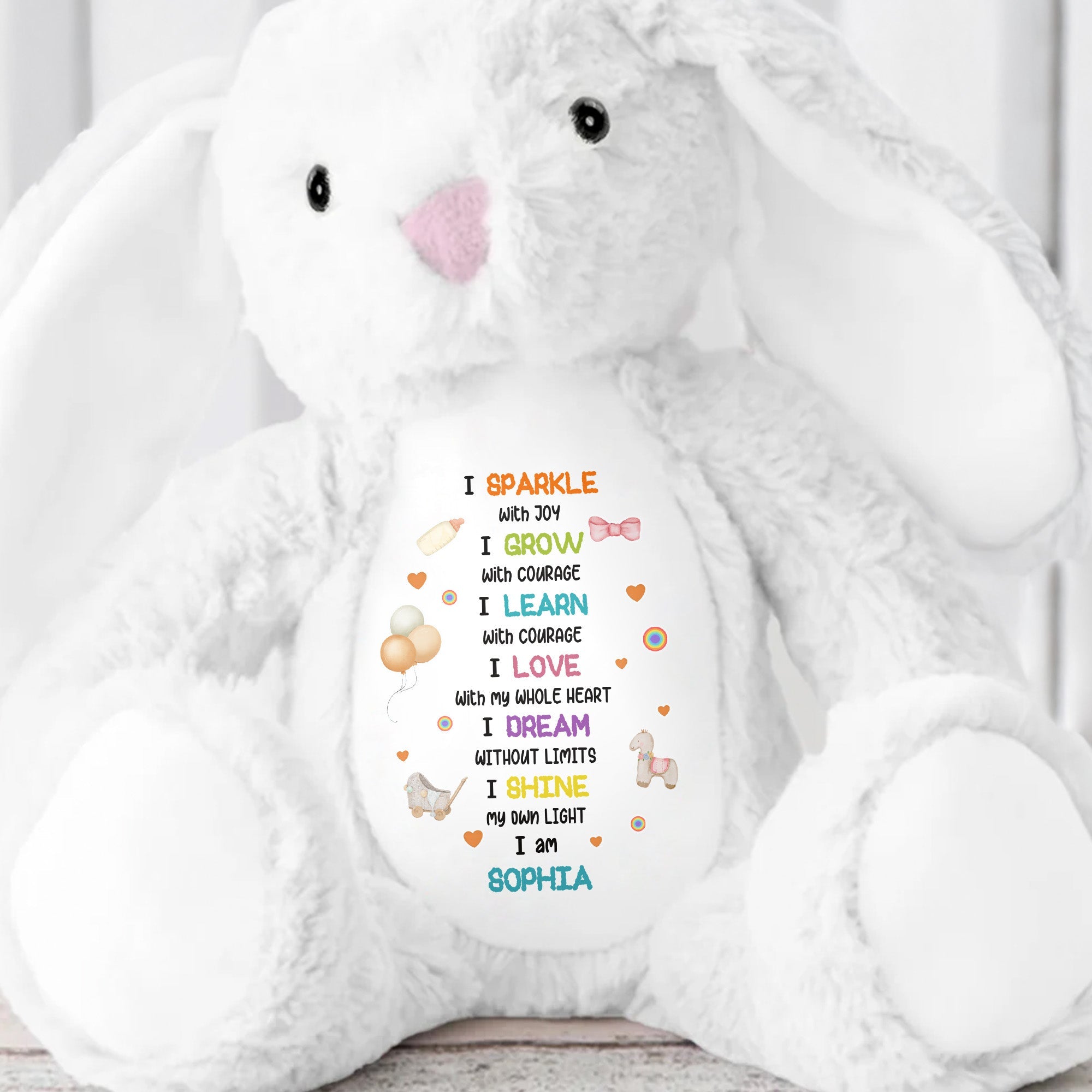 I Sparkle With Joy, Hearts And Balloons Stuffed Bunny - Personalized Stuffed Bunny - KID325_BUN