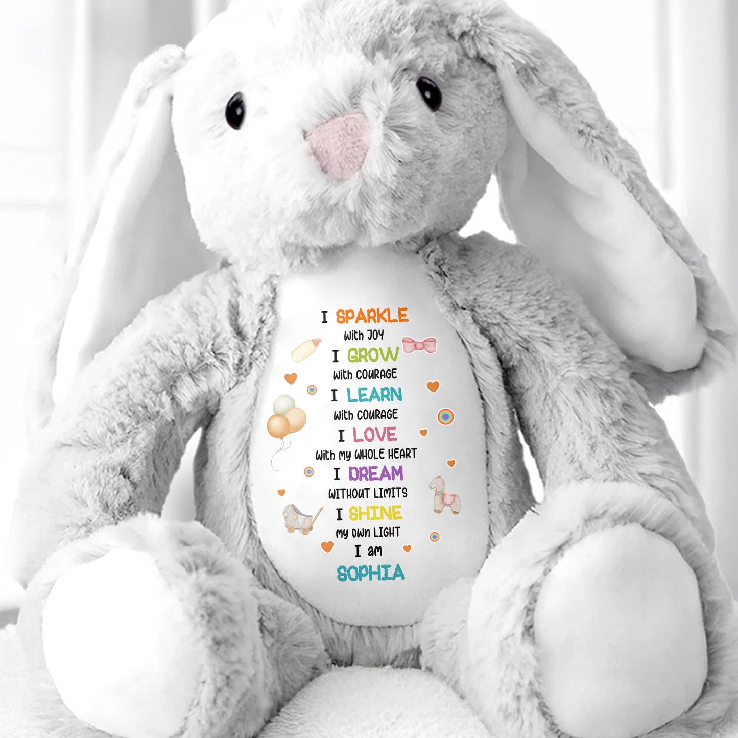 I Sparkle With Joy, Hearts And Balloons Stuffed Bunny - Personalized Stuffed Bunny - KID325_BUN
