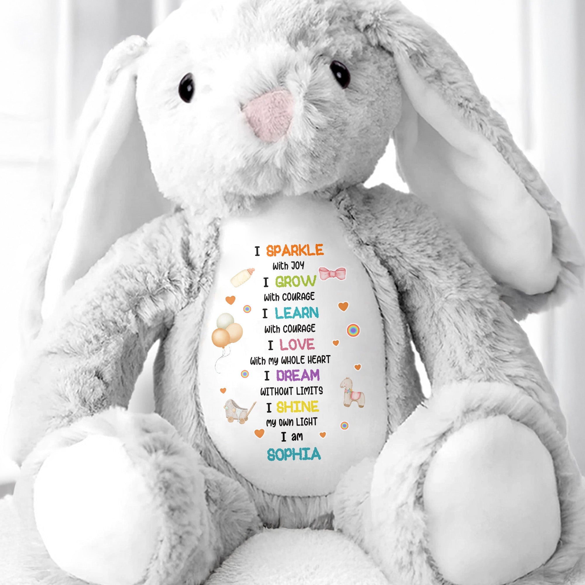 I Sparkle With Joy, Hearts And Balloons Stuffed Bunny - Personalized Stuffed Bunny - KID325_BUN