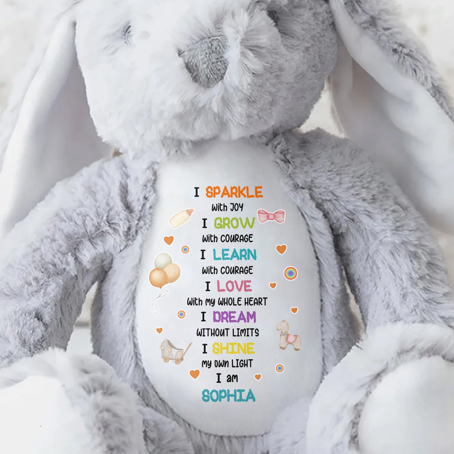 I Sparkle With Joy, Hearts And Balloons Stuffed Bunny - Personalized Stuffed Bunny - KID325_BUN