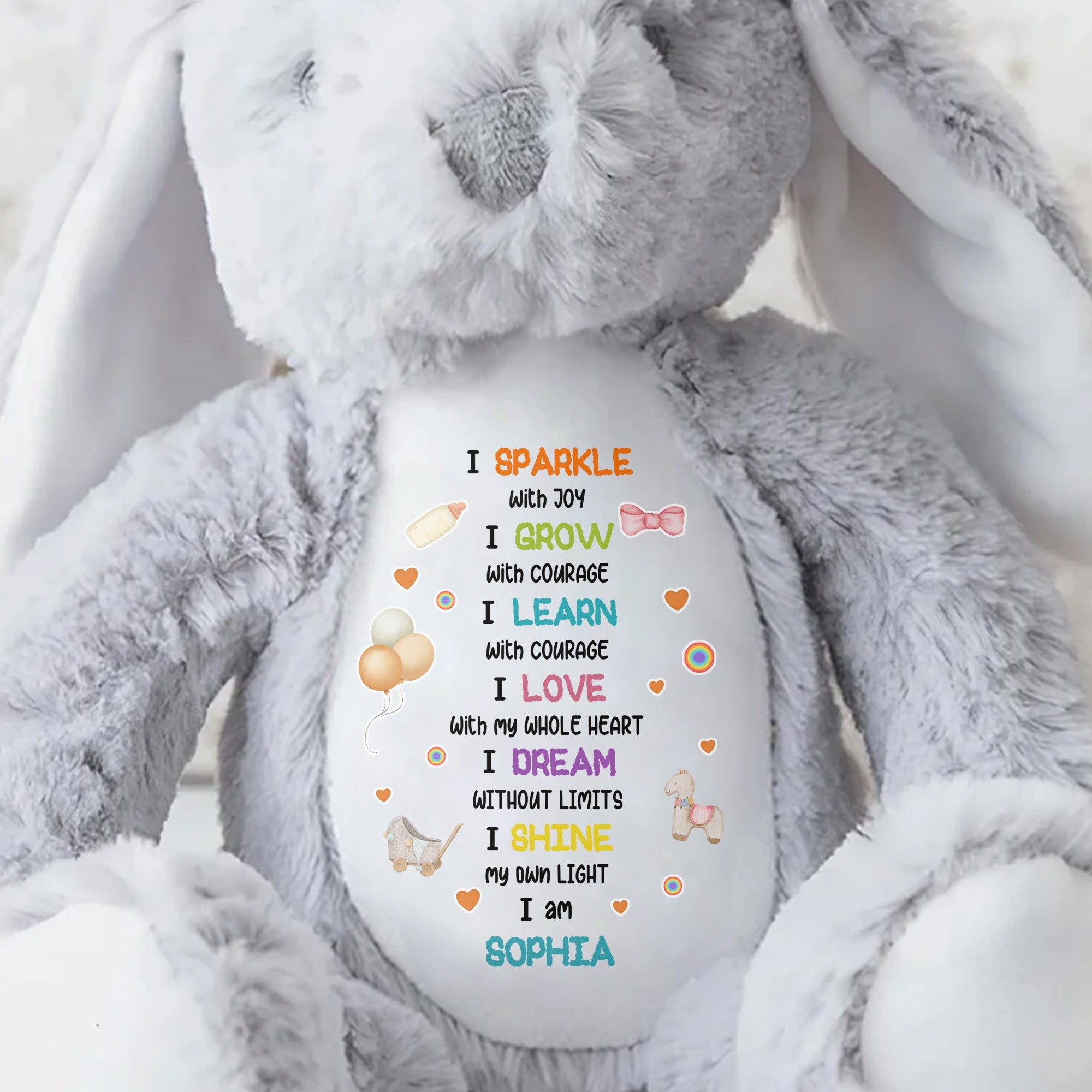 I Sparkle With Joy, Hearts And Balloons Stuffed Bunny - Personalized Stuffed Bunny - KID325_BUN