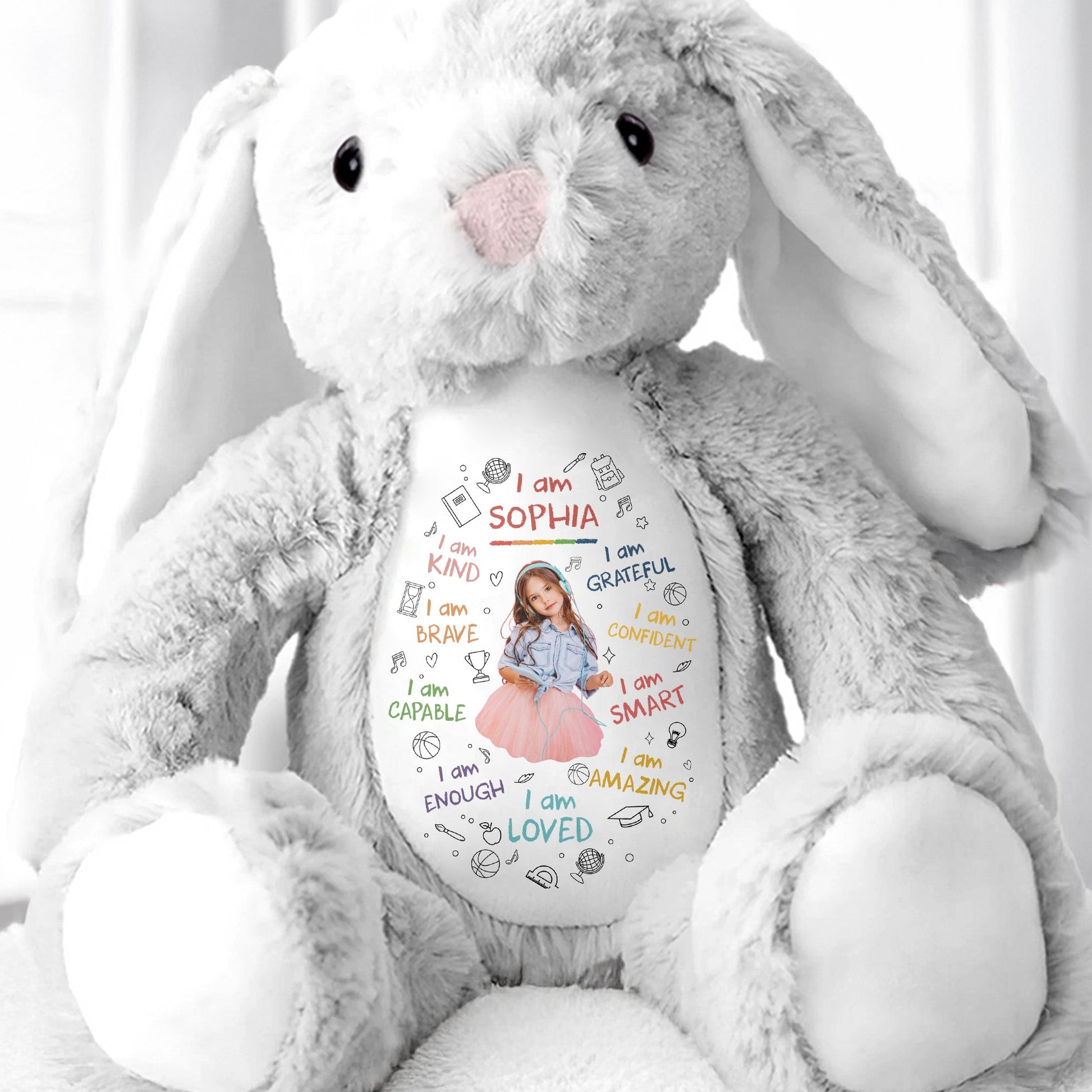 I Am Kind, I Am Brave, Heart And Affirmations Design - Personalized Stuffed Bunny - KID336_BUN