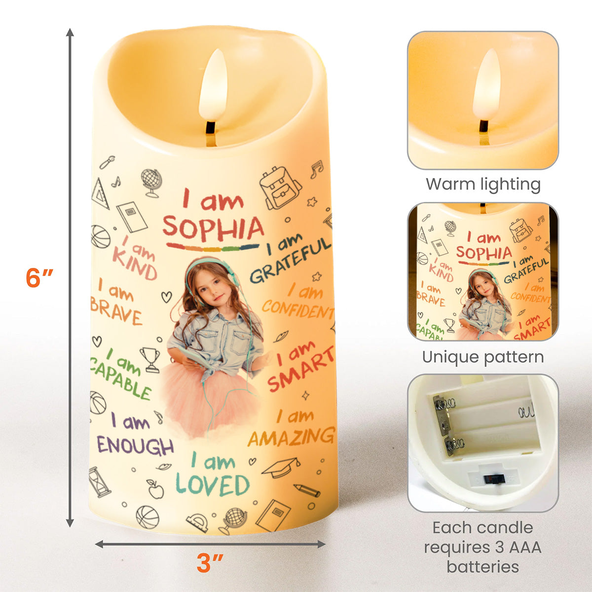 I Am Kind, I Am Grateful, Positive Affirmation Candle - Personalized Custom LED Candle - KID336_LECA