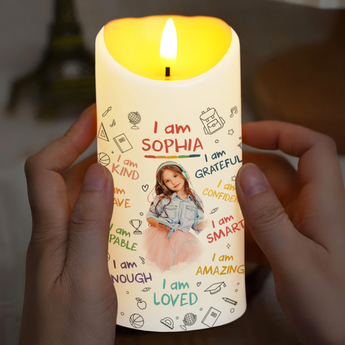 I Am Kind, I Am Grateful, Positive Affirmation Candle - Personalized Custom LED Candle - KID336_LECA