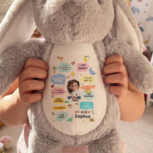 I Can Do Amazing Things Smart Girl With Dinosaurs And Hearts - Personalized Stuffed Bunny - KID348_BUN