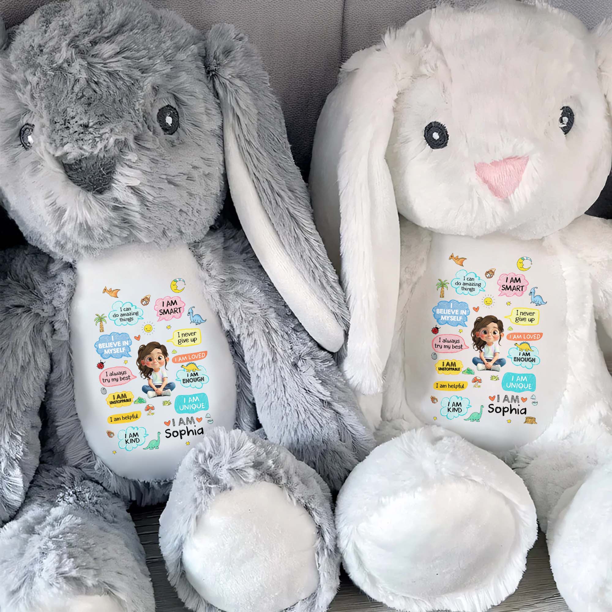I Can Do Amazing Things Smart Girl With Dinosaurs And Hearts - Personalized Stuffed Bunny - KID348_BUN