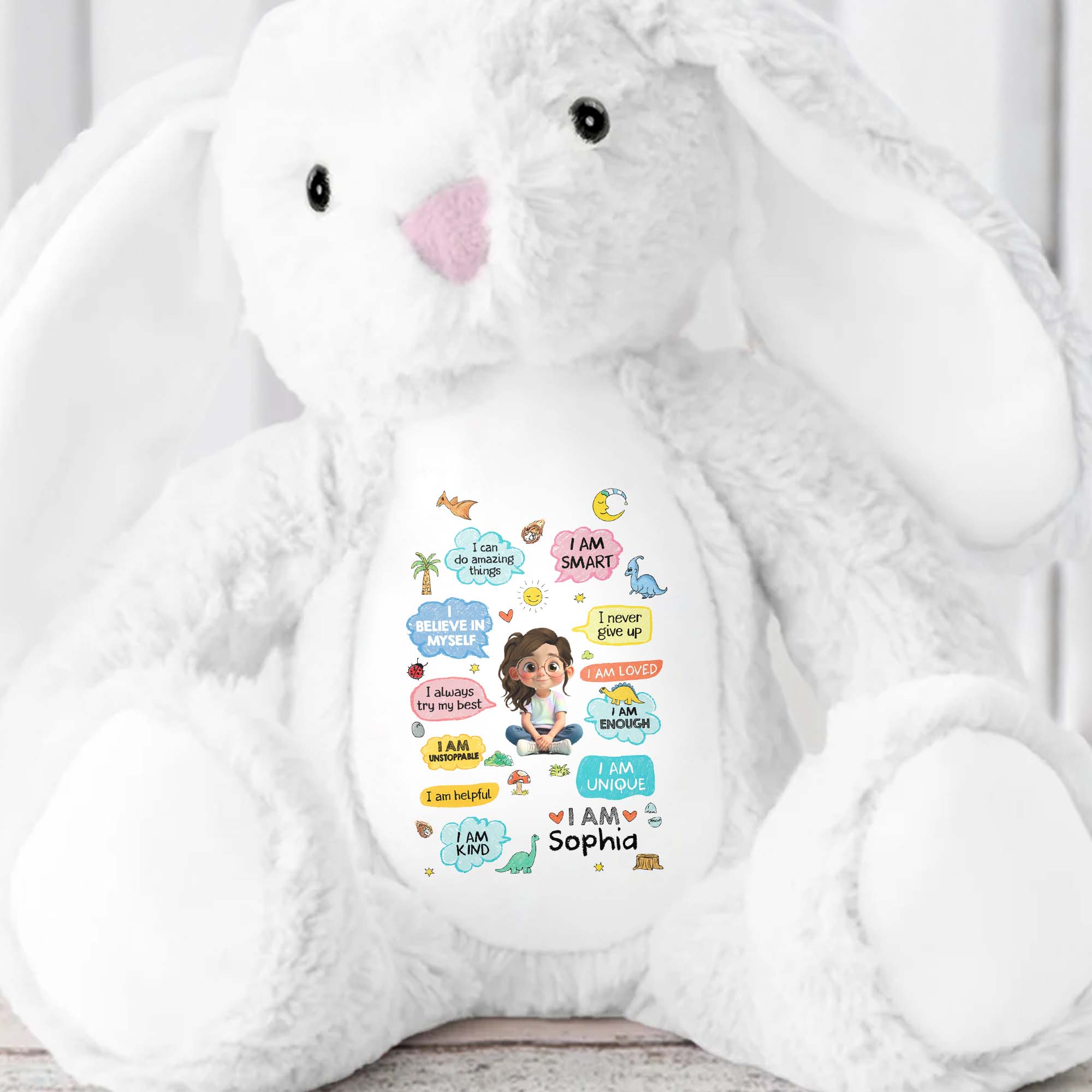 I Can Do Amazing Things Smart Girl With Dinosaurs And Hearts - Personalized Stuffed Bunny - KID348_BUN